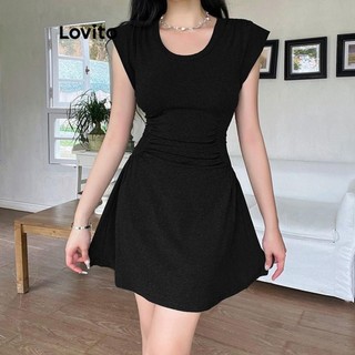 Đầm Lovito đường kết cấu vải màu trơn phong cách thường ngày dành cho nữ LNE49084