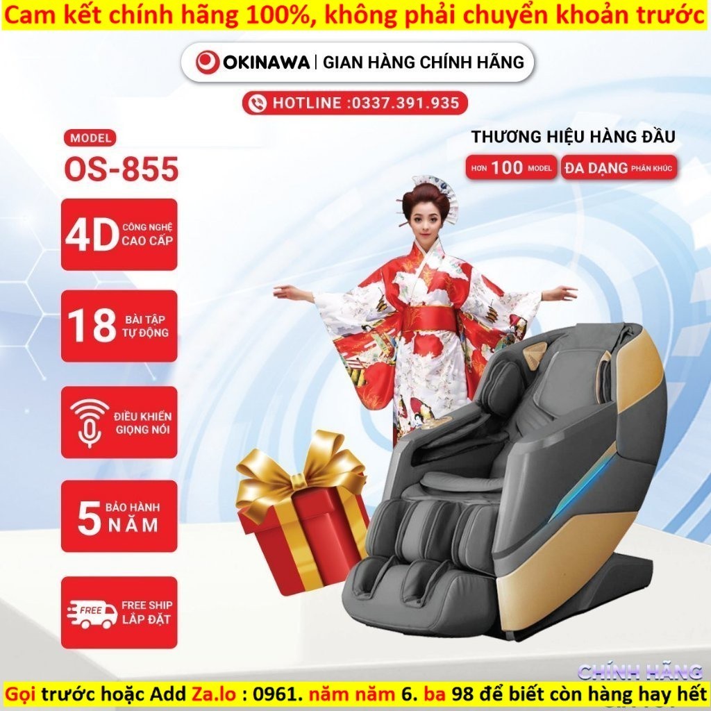 Kho Ghế massage Okinawa OS 855, công nghệ massage 5D, bi con lăn di chuyển -