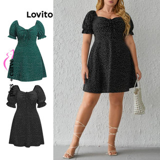 Đầm suông Lovito có dây rút họa tiết chấm bi tay phồng plus size tôn dáng thời trang cho nữ LBE02087 (Nhiều màu)