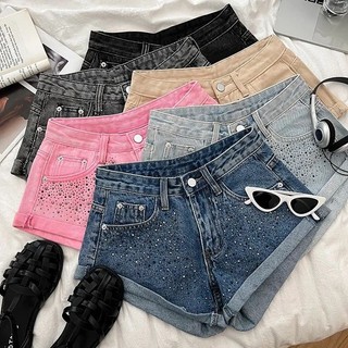 Quần short Denim ống rộng y2k mũi khoan sắt nặng eo cao dành cho nữ bé gái