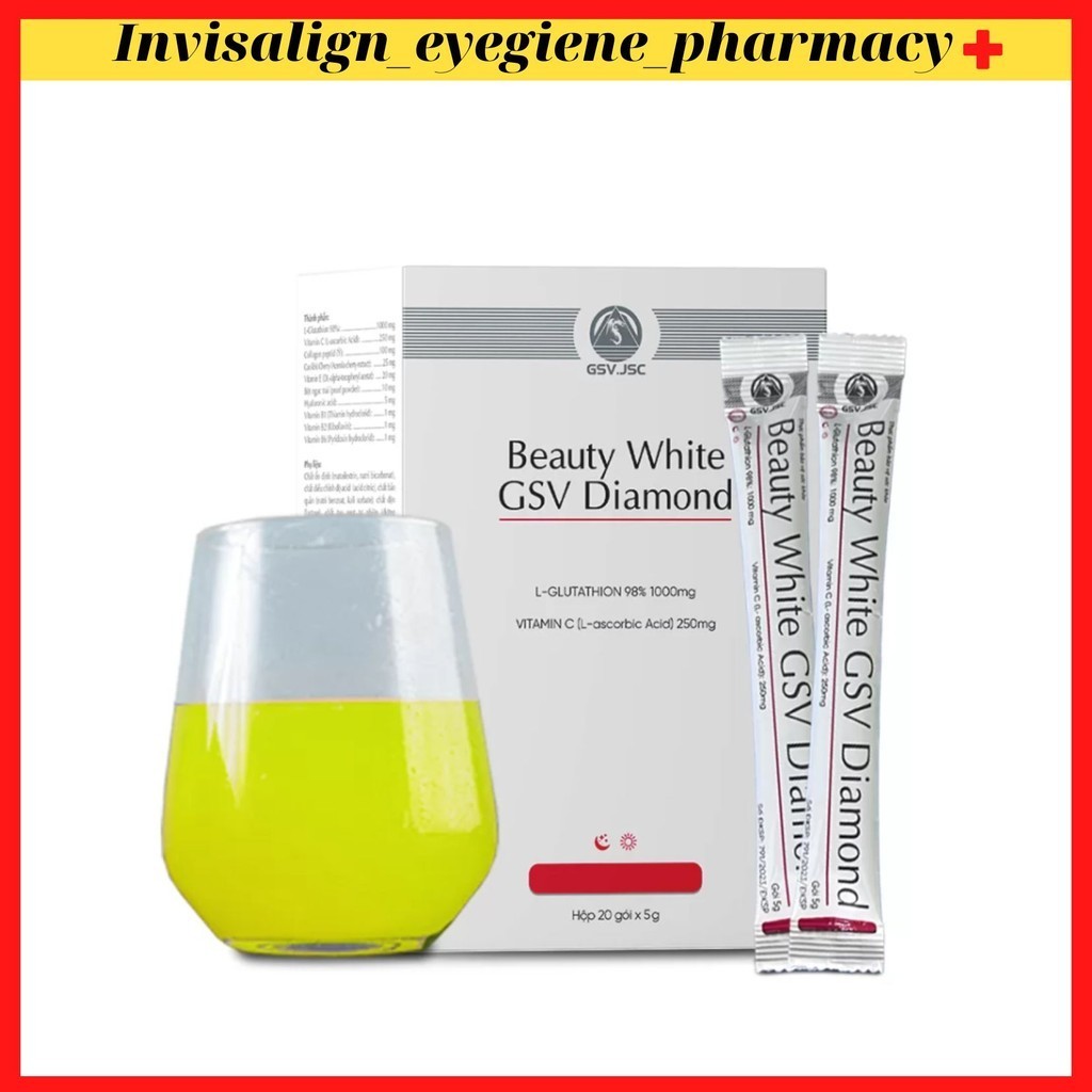 Beauty White GSV Diamond Glutathione 98% 1000mg + Collagen peptid Cốm sủi hỗ trợ trắng da, chống lão