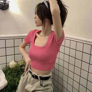Áo coquette tay ngắn Áo phông Áo thun ngắn tay cổ vuông ngọt ngào dành cho nữ Mùa hè Phong cách mới Hồng Thiết kế ngắn Slim-fit Top