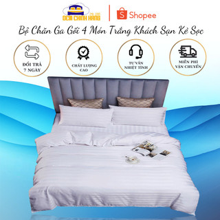 Bộ Chăn Ga Gối 4 Món Trắng Khách Sạn Kẻ Sọc