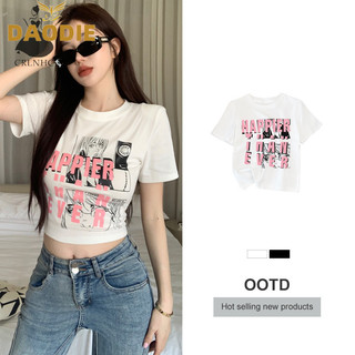 Daodiethun Crop Top Ngắn - Cánh Tay Cổ Tròn In Hình Mỹ Retro Phong Cách Mùa Hè Cho Nữ