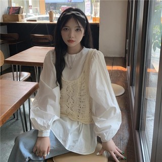 Set áo nữ Mùa Thu Bubble Sleeves Áo Sơ Mi+ghi lê len đan lạ mắt dáng form thụng, áo kiểu nữ, sơ mi nữ