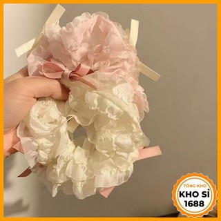 Dây buộc tóc vải lụa ren nhiều lớp phong cách Pháp, dây cột tóc đính nơ tiểu thư nữ tính E1861