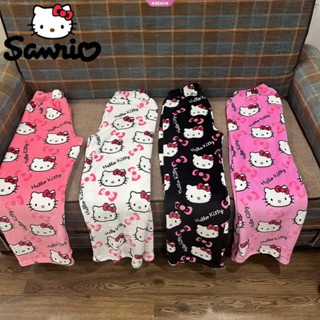  Sanrio Hello Kitty Flannel Bộ Đồ Ngủ Đen Nữ Ấm Áp Len Hoạt Hình Thường Ngày Quần Nhà Mùa Thu Đông Quần Thời Trang 