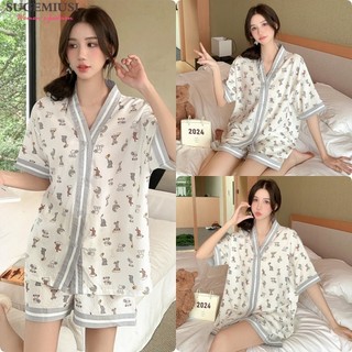 Sugemiusi [Bộ Đồ Ngủ Cotton Bong Bóng] Bộ Đồ Ngủ Ngắn Tay Size Lớn Nữ Mùa Hè Bong Bóng Cotton Quần Short Tay Ngắn Rời Cardigan Lounge