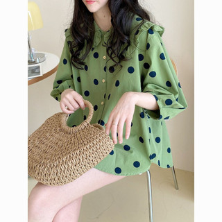 Áo Sơ Mi Cổ Búp Bê Nữ Mới Phong Cách Hàn Quốc Ngọt Ngào Ren Đèn Lồng Tay Tươi Chấm Bi Giữa Tay Áo Sơ Mi