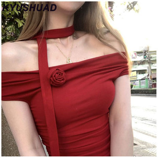 Kyushuad Áo thun ngắn tay màu đỏ dành cho nữ mùa hè thon gọn ngắn một vai áo xương đòn