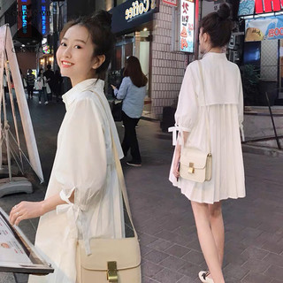 Crlnhc 3 / 4 Nơ Tay Áo Sơ Mi Trắng Dài Rời Lưng Chắp Vá Xếp Ly MIni Dress vn