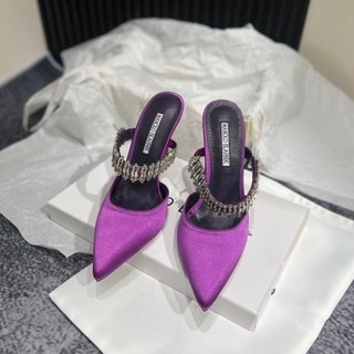 Manolo Blahnik Pointed Toe Stiletto Rhinestone Chain Half Slippers Satin Surface High Heel Mules Slippers Purple Wedding Shoes24New Bridesmaid Shoes