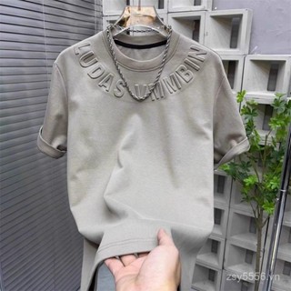  Áo thun nam in chữ màu đồng nhất áo cơ bản 2025 mới tay ngắn đa năng cổ tròn áo pullover phong cách Hàn Quốc thời thượng 