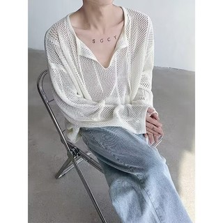 Áo len nam mùa hè mới 2025 phiên bản Hàn Quốc, mỏng, cổ V khoét, cao cấp, sọc, nhanh khô, dáng rộng, áo len đan