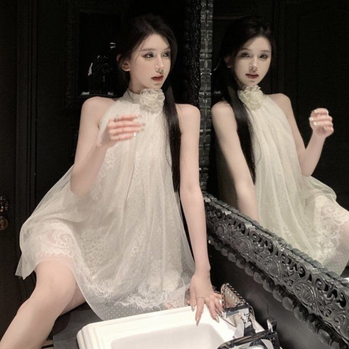 Đầm váy cổ yếm phối ren hoa dáng ngắn baby doll, đầm nữ đi tiệc thời trang mùa hè SAMIMI SP138 | BigBuy360 - bigbuy360.vn