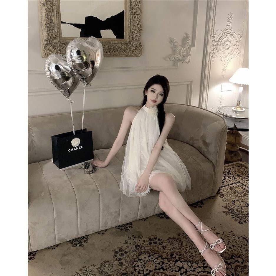 Đầm váy cổ yếm phối ren hoa dáng ngắn baby doll, đầm nữ đi tiệc thời trang mùa hè SAMIMI SP138 | BigBuy360 - bigbuy360.vn