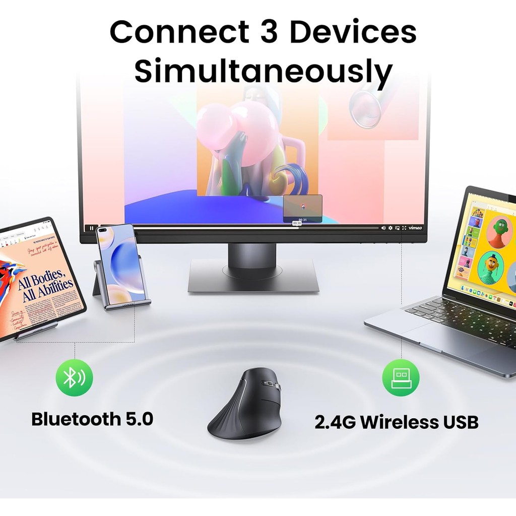 Chuột công thái học Ugreen 25444 MU008, Bluetooth 5.0 + USB 2.4GHz, DPI 1000/1600/2000/4000 Pin AA | BigBuy360 - bigbuy360.vn