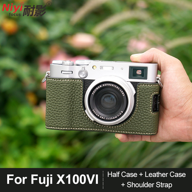 Da PU Camera Nửa Dành Cho Fuji X100V X100VI Mở Đáy Cà Phê Nâu Đen