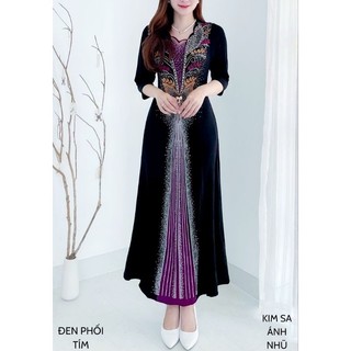 Váy, Đầm  trung niên nhung phối màu hoa kết đá ép cườm dọc áo độc đáo size lớn,Đầm  nhung trung niên bigsize