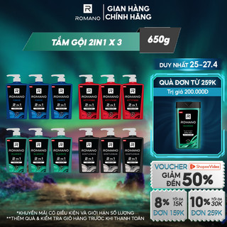 Combo 3 Tắm gội 2 trong 1 Romano Attitude/Gentleman/Force/Classic 2in1 650g/chai - 4 mùi hương có sẵn