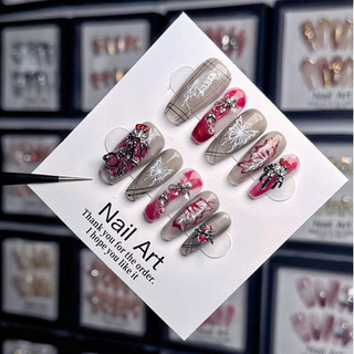 Handmade Mặc Móng Tay Làm Đẹp Móng Tay Mảnh Châu Âu Và Mỹ Hot Girl Phong Cách Gothic Cao Cấp Phổ Biến Bướm Đỏ Đen Tối Phong Cách Trung Cổ