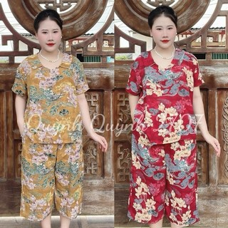 Bộ Đồ Trung Niên Tặng Mẹ Cổ Bèo Quần Xuông Lửng Áo Tay Cộc Chất Liệu Lụa Hàn Nhật Mềm Mát KiuTi