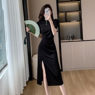 Váy nhân 2024 Phong Cách Mới Phong Cách Trung Hoa Mới Phong Cách Trung Hoa Sườn Xám Cao Cấp Slim-fit Ôm Hơn Nhìn Đen Dài Hông WW