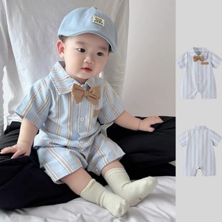 Bộ áo liền quần ngắn tay mùa hè quần áo sọc 0-2 tuổi bé trai áo liền quần thời trang Hàn Quốc quý ông trẻ sơ sinh quần áo