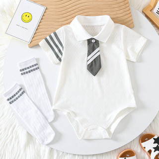 Onesie phong cách đại học cotton sơ sinh bé trai quần áo bé gái tay ngắn onesie mùa hè 0-24 tuổi tất bao gồm tất