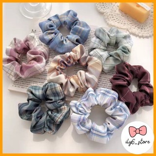 Cột tóc vải scrunchies họa tiết caro vintage hàn quốc, dây buộc tóc scrunchies cứng, dây cột tóc nữ e1874
