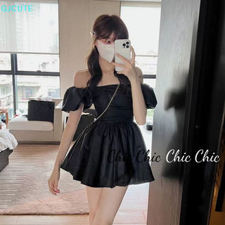 Chicgjcute Mini Dạ Hội Vai Ngắn Tay Mở Mặt Trước Thanh Lịch Mùa Hè Hàn Quốc Thời Trang Nữ 2023