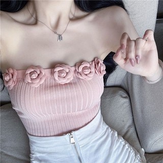 Áo ống dệt kim viền hoa, Áo hai dây lệch vai co giãn gợi cảm dành cho nữ thời trang