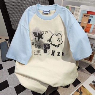 Mỹ Retro In Hình Tương Phản Áo Thun Ngắn Tay Nam / Nữ 2024 Mới Hợp Thời Trang Thương Hiệu Rời Nửa Tay Top