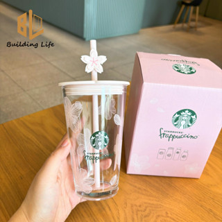 Cốc Starbucks Hồng Hoa Anh Đào Thủy Tinh Trong Suốt Có Ống Hút & Nắp & Hộp Quà Tặng Cà Phê Sữa Uống Cốc Nước Trái Cây 450ml