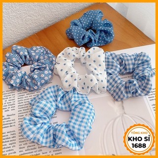 Dây buộc tóc Scrunchie xanh chấm bi phong cách Hàn Quốc, dây cột tóc vải co vãn E1862
