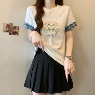 Begonia Boutique Quần Áo Nữ Phong Cách Trung Hoa Nút Đĩa Thêu Áo Thun Tay Ngắn Nữ Mùa Hè Plus Kích Thước Béo mm Mỏng Hơn Nhìn Niche Độc Đáo