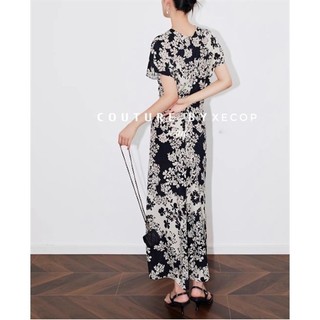 A32-XECOP MAXI DRESS lụa hoa đen