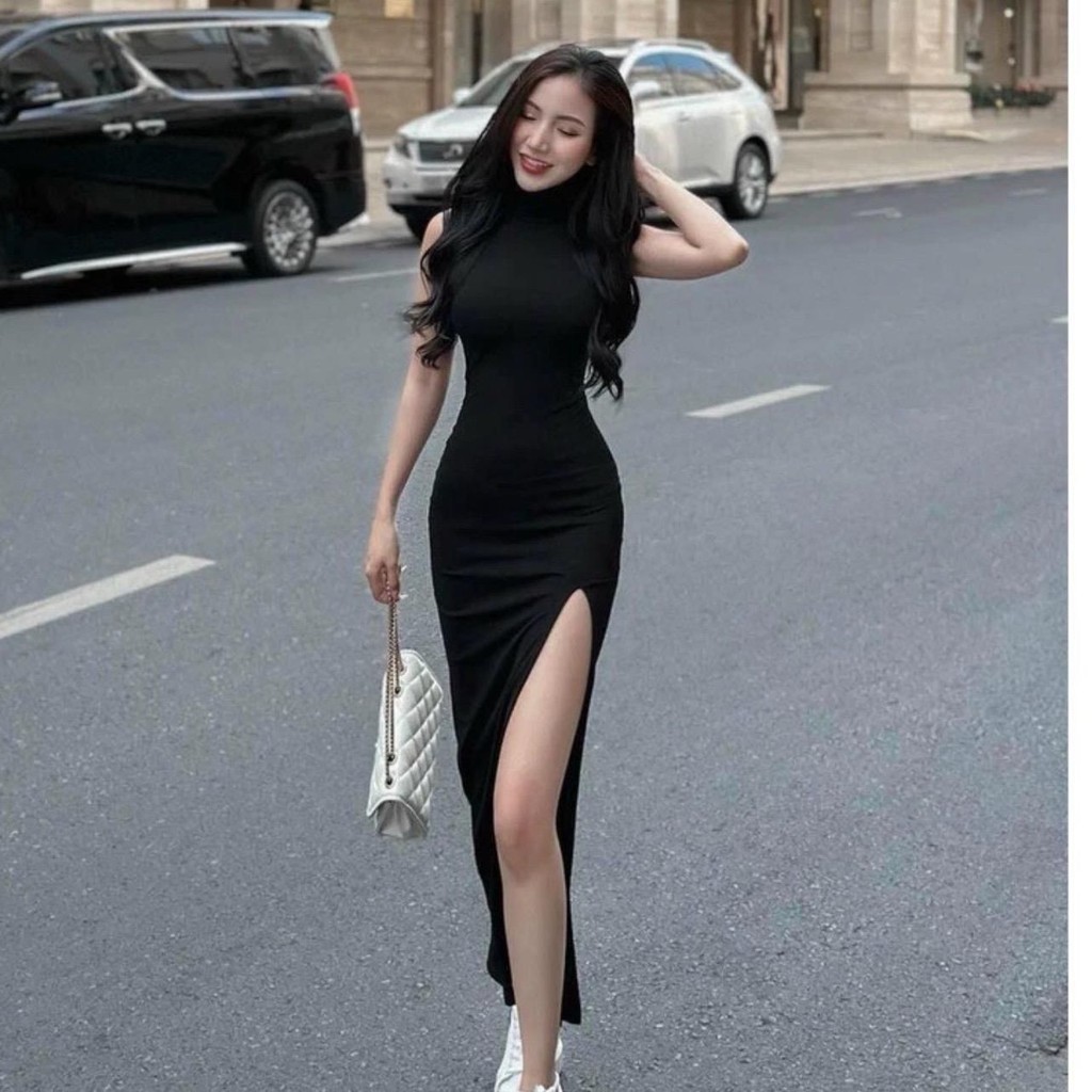 Đầm body cổ lọ sát nách xẻ đùi phom dài, tạo dáng điệu đà | BigBuy360 - bigbuy360.vn