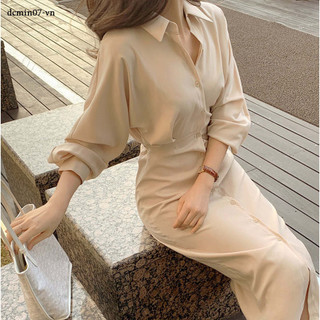 Đầm Midi dài tay chữ A phong cách Hàn Quốc Slim Fit giản dị màu trơn