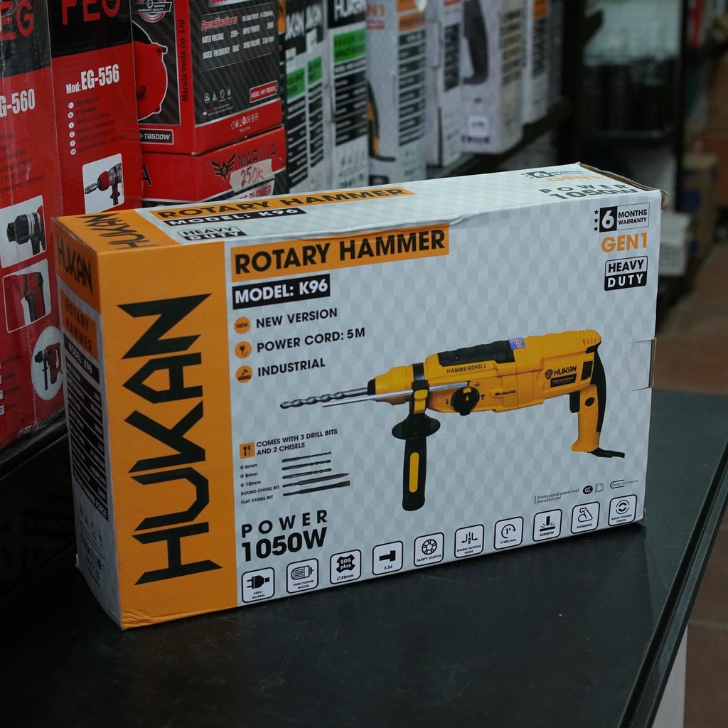 Máy khoan đục bê tông HUKAN K96, 3 Chức năng, Công suất 1050W, Tặng Bộ 5 Mũi khoan và Đục