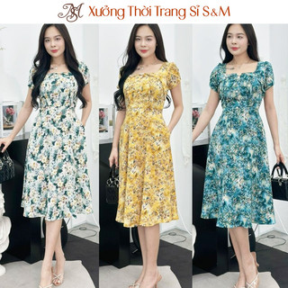 Đầm xòe họa tiết hoa nhí, cổ khoét V đính ngọc, đính nút, tay búp sen, có túi - GR0323 (Hình thật shop chụp)