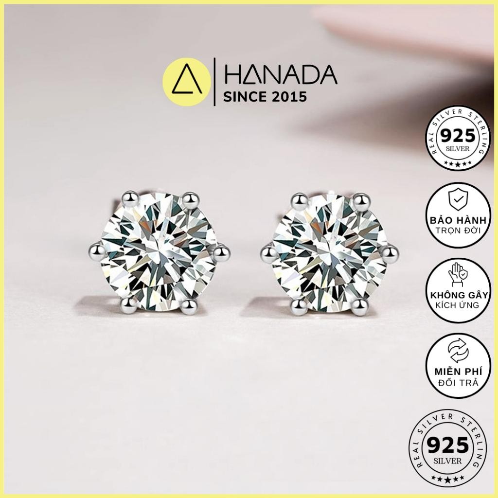 Bông Tai Bạc Hanada Đá CZ 6A Chuẩn 120 Lát Cắt 6 Chấu Siêu Lấp Lánh Không mờ Khuyên Nụ Trắng Đơn Giản 0919 D9