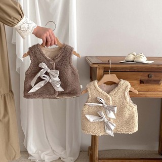 Ins Phiên Bản Hàn Quốc Thu Đông Phong Cách Cho Bé Lông Cừu Hai Mặt Ấm Áo Vest Bé Gái Lông Cừu Lót Nơ Dày Thịt Cừu Fle