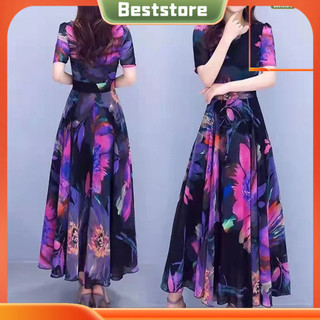 [Bst] Đầm Nữ In Hoa Eo Cao Cấp Tay Ngắn Cổ Tròn Chữ A Xoay Lớn Bohemian Plus Kích Thước Đi Biển Mùa Hè Kỳ Nghỉ Chiều Dài Mắt Cá Chân Dự Tiệc Midi