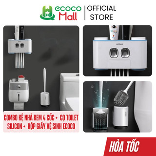 Bộ 3 chi tiết Ecoco | Kệ nhả kem 4 cốc, Cọ toilet silicon, Hộp giấy vệ sinh 2in1 không khoan tường mẫu mới VN