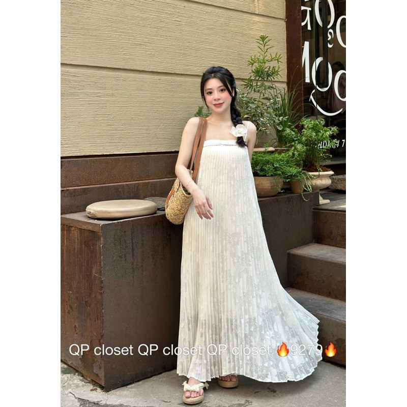 Váy maxi dập ly nơ vân CABOXIN