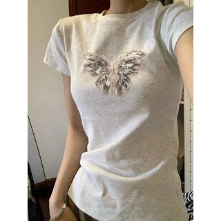 【100% cotton 】Áo baby tee Áo Thun ôm body Áo y2k Tay ngắn in hình bướm phong cách thông thường Slim-fit