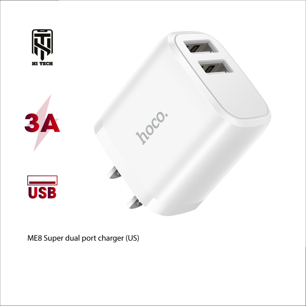 Củ sạc nhanh hỗ trợ sạc 3A Hoco ME8 2 cổng USB , chân dẹt tương thích với nhiều thiết bị.