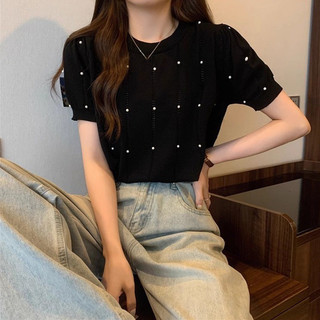 Mùa hè retro cổ tròn ngọc trai tô điểm Áo thun nữ phong cách nhẹ nhàng dệt kim ngắn tay giản dị đa năng Crop top