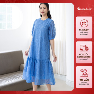  - Váy Đầm Phom Suông Dáng Dài Đuôi Cá Vải Cotton Thêu Đục Lỗ Xếp Ly Nhiều Lớp Cổ Tròn Tay Bí Lỡ - D11522